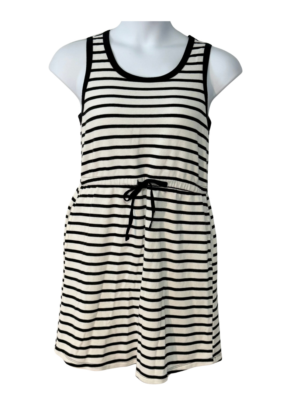 St John's Bay Sz M Casual Tank Dress Drawstring Waist Black & White Stripe Knit